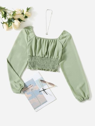 Solid Ruched Bust Scoop Neck Shirred Blouse | SHEIN