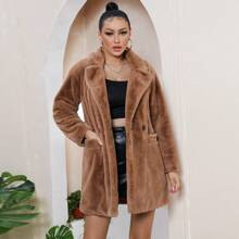 Women Brown Winter Patchwork Faux Fur Coat With Lapel Collar And Long Sleeves | SHEIN
