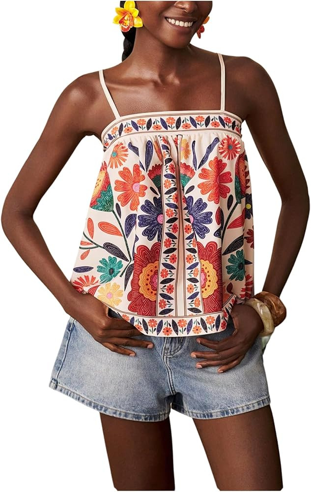 RoseSeek Women's Boho Floral Camisole Tops Graphic Spaghetti Strap Tank Top Beach Vacation Clothe... | Amazon (US)