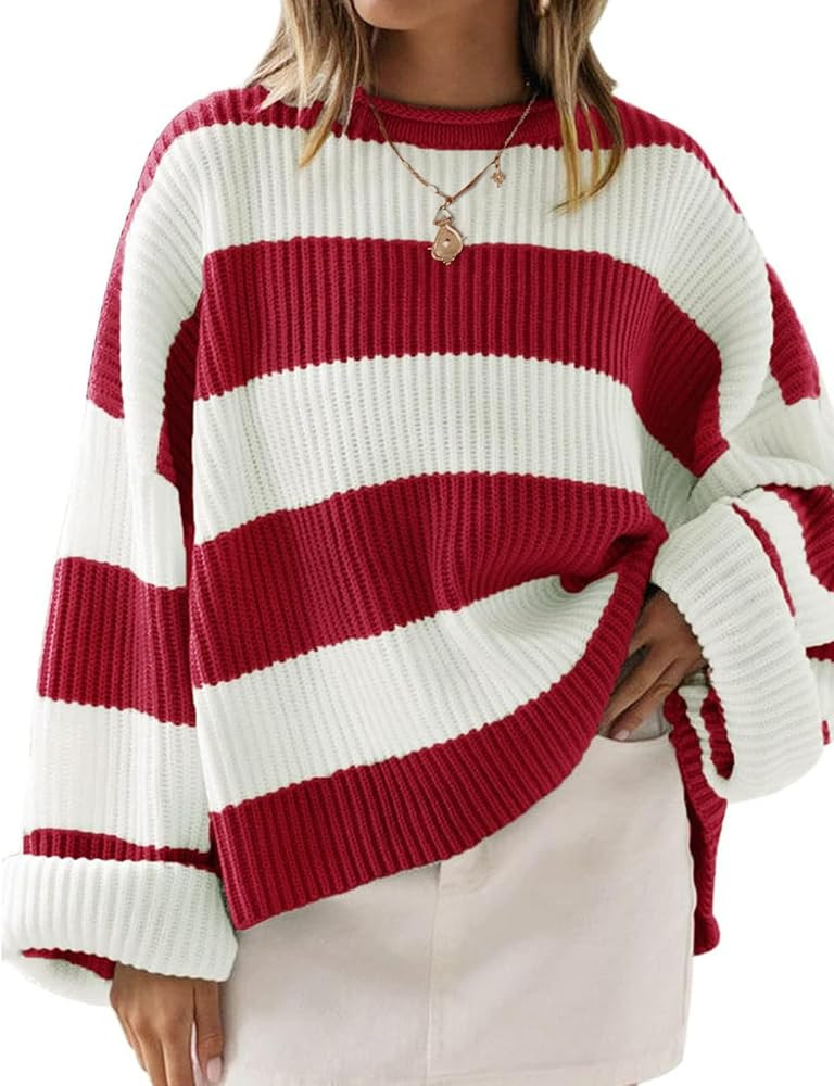 ZESICA Women's Fall Long Sleeve Crew Neck Striped Color Block Comfy Loose Oversized Knitted Pullo... | Amazon (US)