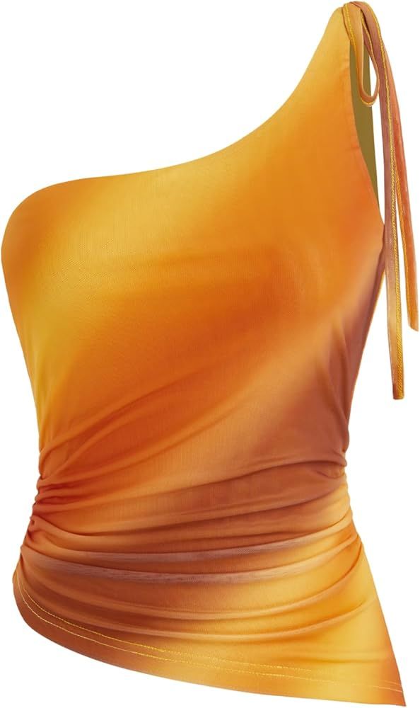 CIDER Miami Sunset Vacation Mesh Asymmetrical Neck Ombre Crop Top | Amazon (US)