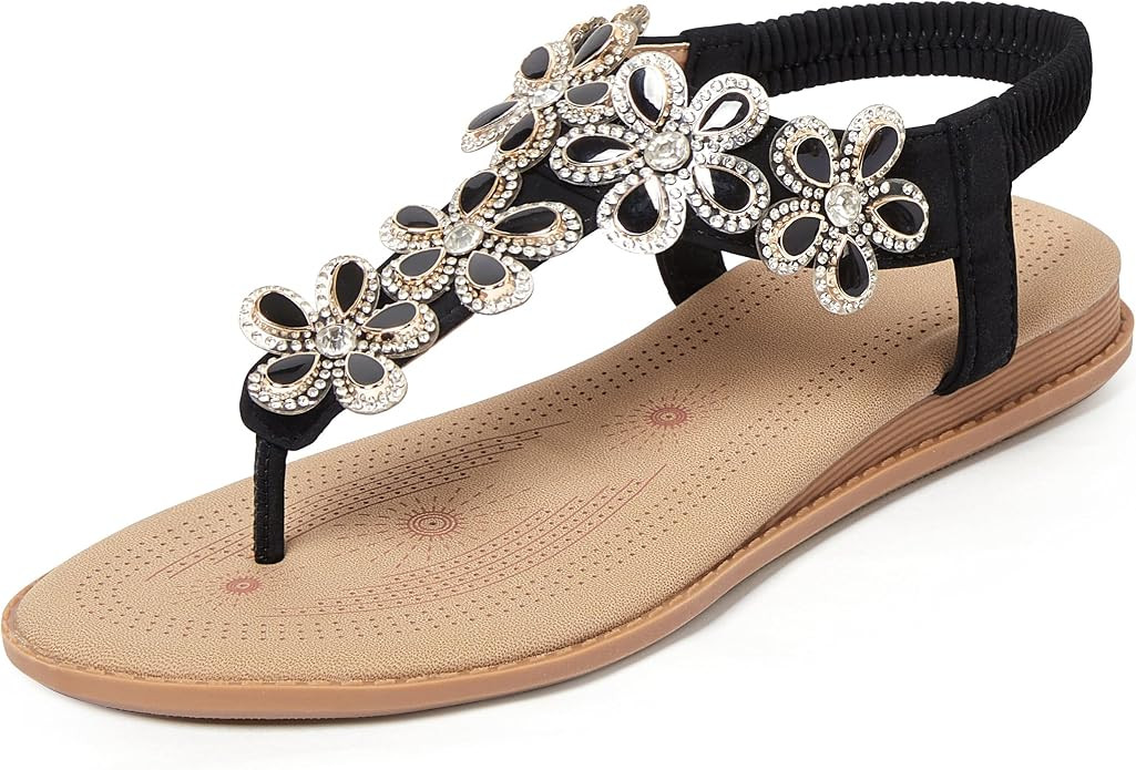iCKER Women Bohemian Rhinestone Sparkly Thong Flat Sandals Ankle Strap Elastic Dress Wedding Vaca... | Amazon (US)
