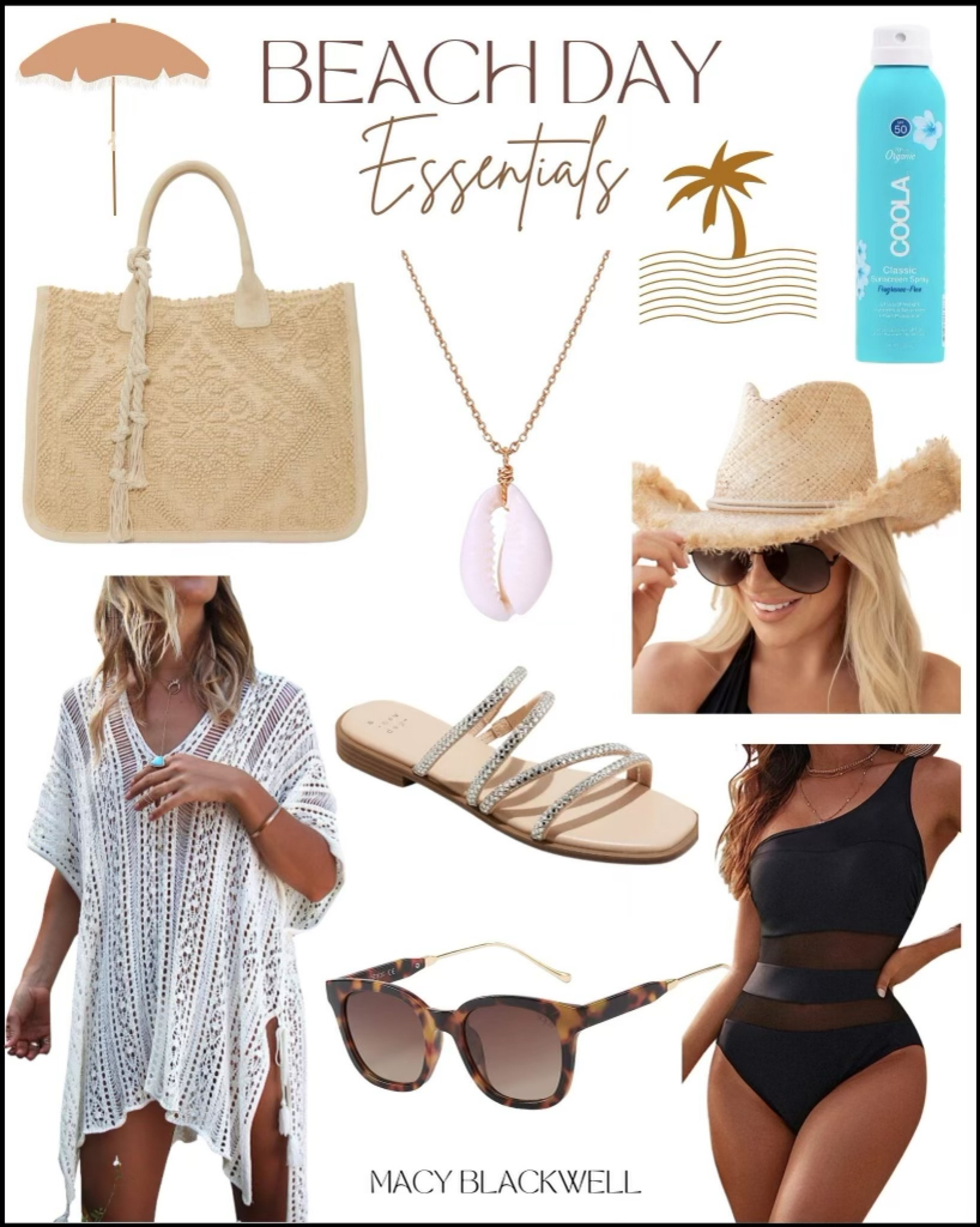 Beach essentials. Beach vacation. Beach trip. Sun hat. Sandals. Sunglasses. Swimsuit. Coverup. Sunscreen. Beach jewelry. Beach tote. Pool tote  

#LTKstyletip #LTKtravel #LTKSeasonal