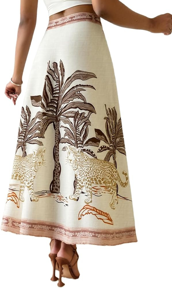Long Maxi Skirts for Women Bohe Tropical Plants High Waist A-Line Casual 2025 Summer Beach Vacati... | Amazon (US)