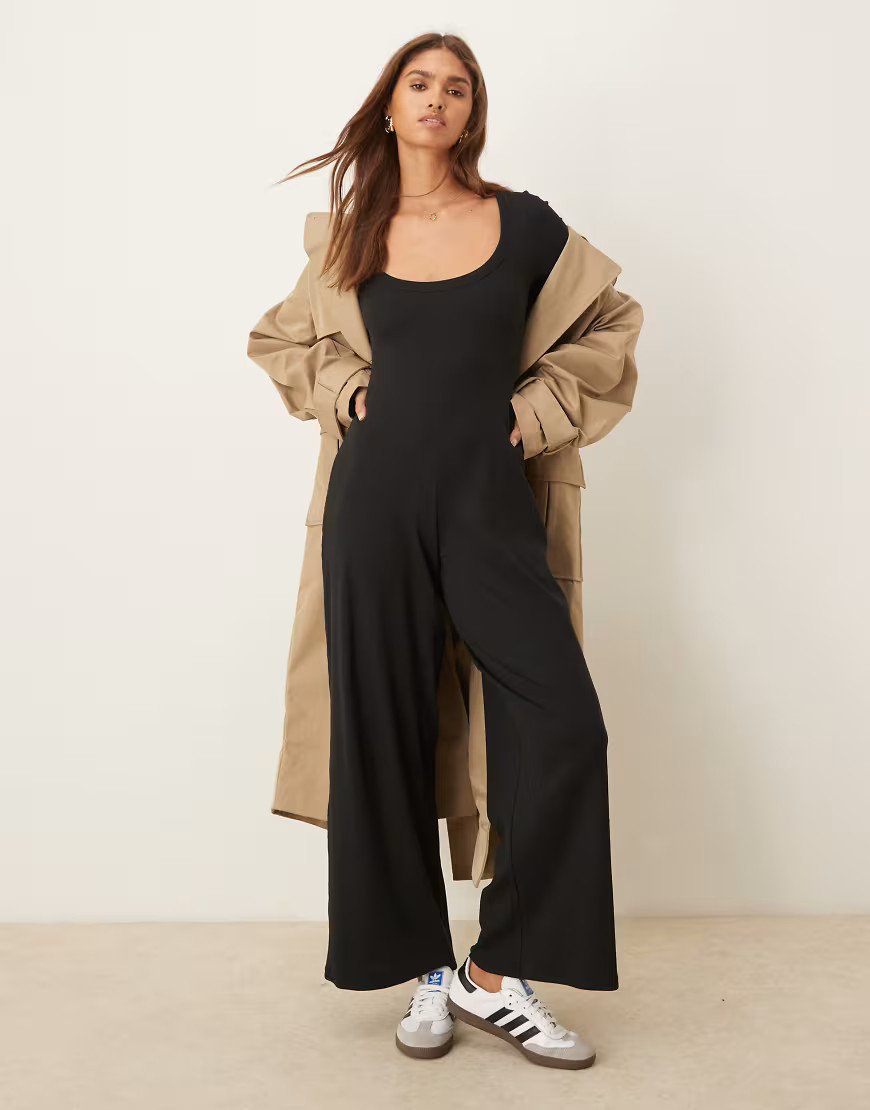 ASOS DESIGN ribbed long sleeve scoop neck jumpsuit in black | ASOS (Global)