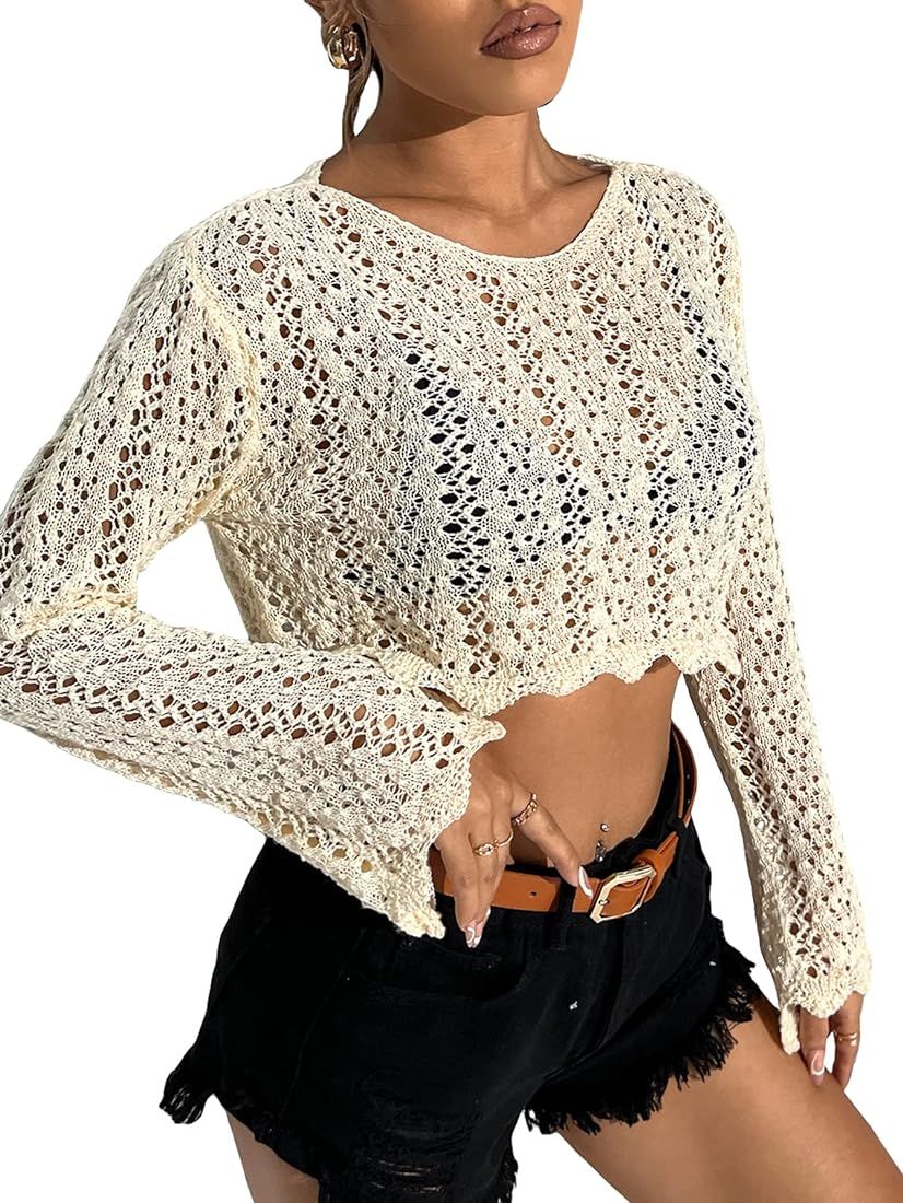 Verdusa Women's Hollow Out Sheer Bell Sleeve Knit Crop Sweater Pullover Top | Amazon (US)