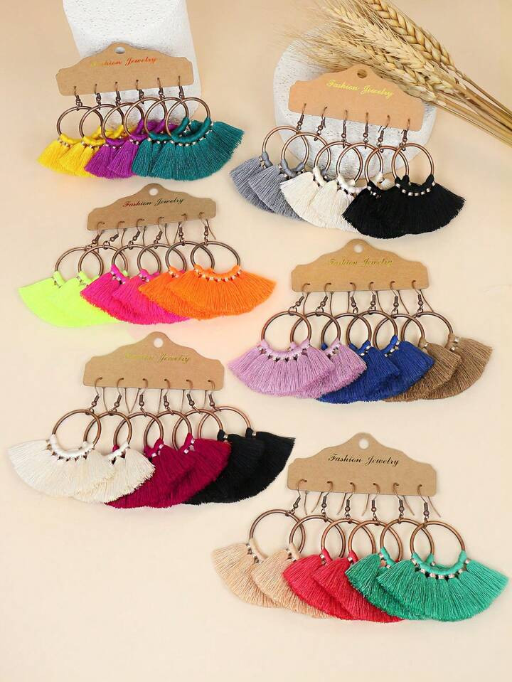 3pcs Bohemian Colored Tassel Pendant Earrings Retro Alloy Jewelry For Women's Beach Hanging Earri... | SHEIN
