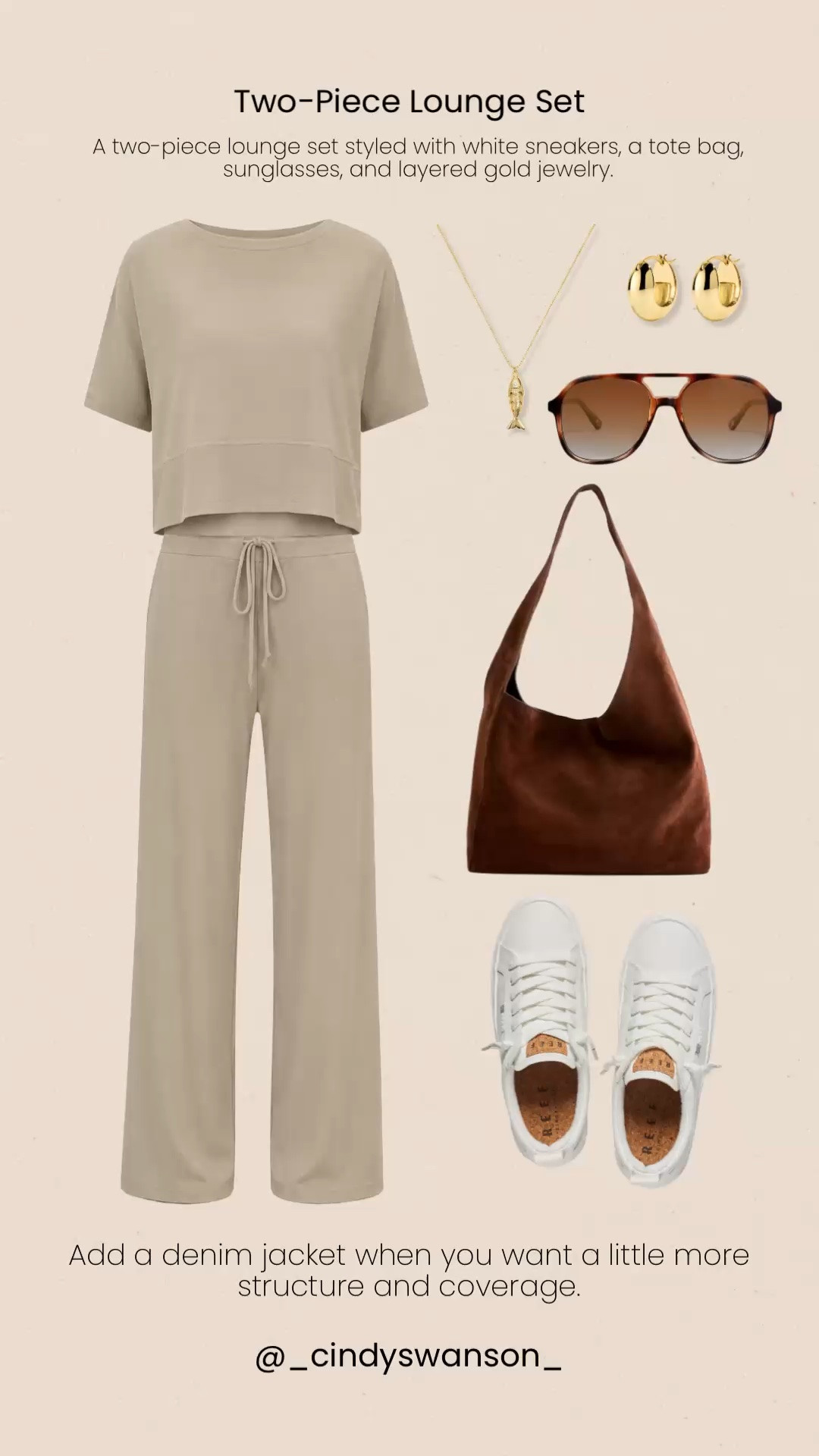 A neutral two-piece lounge set is one of those easy outfits that feels comfortable without looking too casual. I love it with white sneakers, a rich brown tote, and simple gold jewelry, perfect for travel, errands, or relaxed days. Add a denim jacket when you want a little more structure and coverage.

💡 LTK MADE EASY
❤️ Heart = Support my posts!
🔖 Save = Get sale & restock alerts
📋 Lists = Keep favorites organized
📲 Share = Send lists and products to a friend. Hello, Christmas List!
💬 Comment = Ask me anything about what I’m wearing. :-)

#LTKootd #LTKOver40
