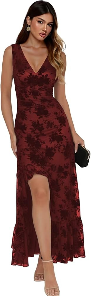 Stylefun Women's Double V Neck Floral Velvet Dress with Slit Floral Ruffles Formal Maxi Evening D... | Amazon (US)