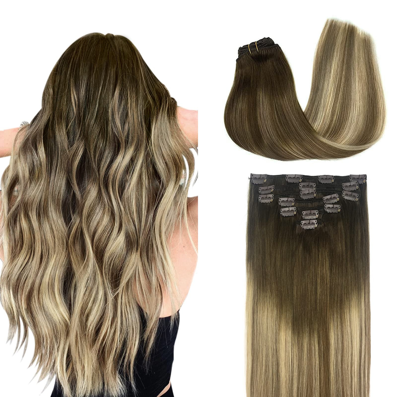 DOORES Human Hair Clip in Extensions, Balayage Walnut Brown to Ash Brown and Bleach Blonde 24 Inc... | Amazon (US)