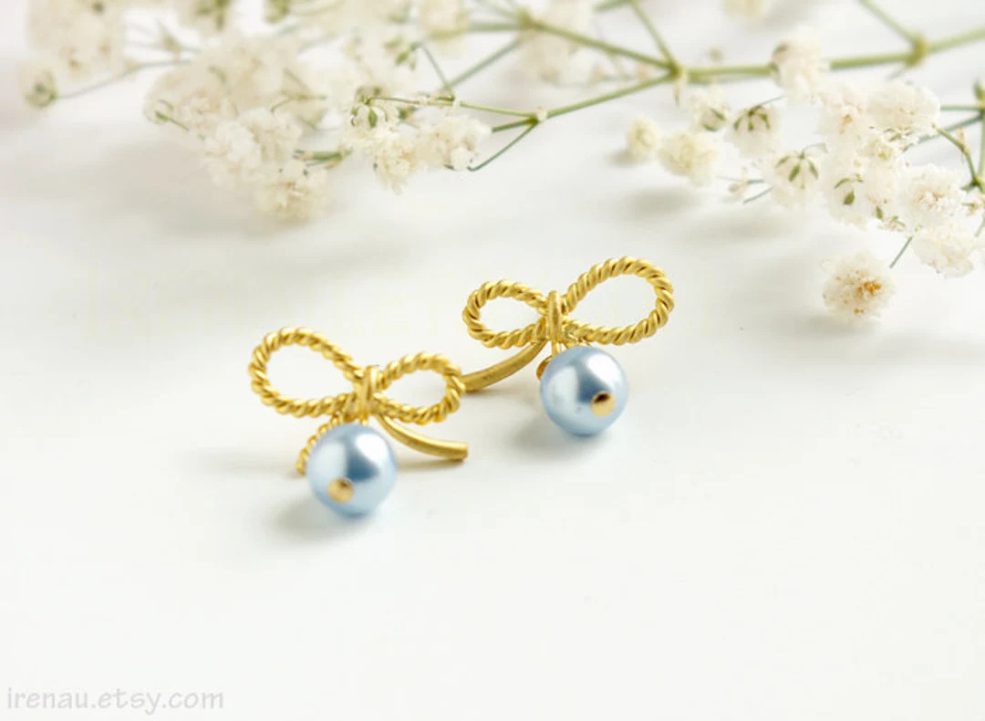Bow Promise Earrings, Blue Bow Earrings, Gold Stud Pearl Earirngs, Cute Minimal Earrings, Somethi... | Etsy (US)