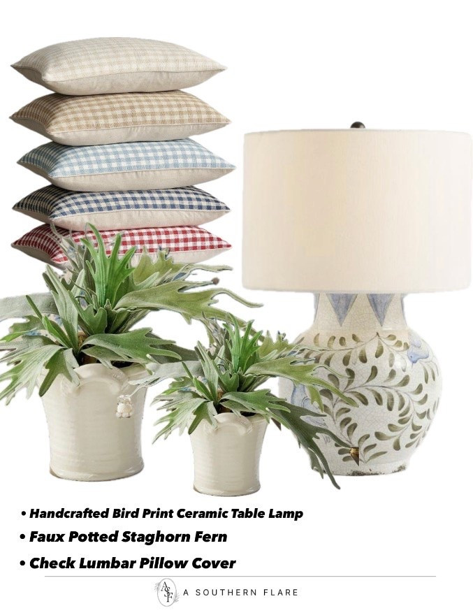 Home Decor/ Handcrafted Tabld Lamp, faux Greenery/ Lombard pillows/Home Decor Accessories