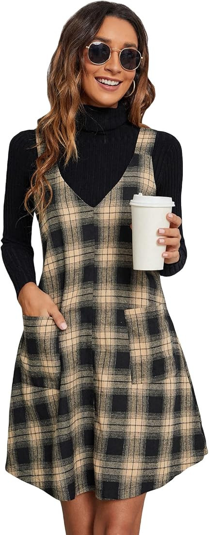 Milumia Women's Casual Plaid V Neck Sleeveless Overall Pinafore Dress with Pocket | Amazon (US)