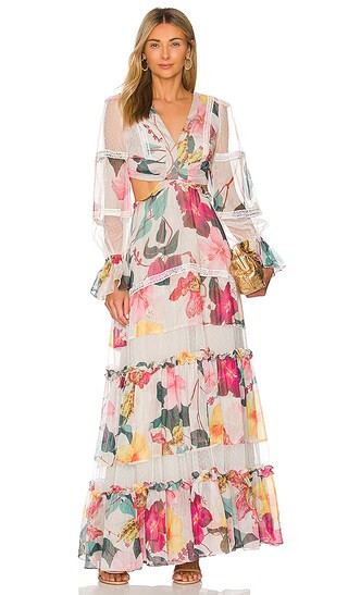 Hibiscus Lace Trim Cut Out Maxi Dress in Vanilla | Revolve Clothing (Global)