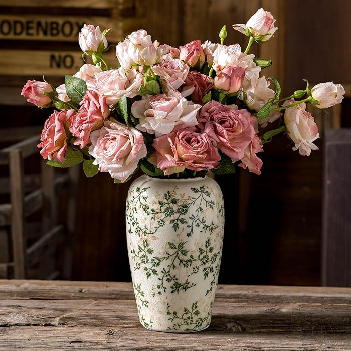 Vintage Pastoral Green and Beige Flower Vase, Ceramic Floral Vases, Retro Ice Cracked Chinoiserie... | Amazon (US)