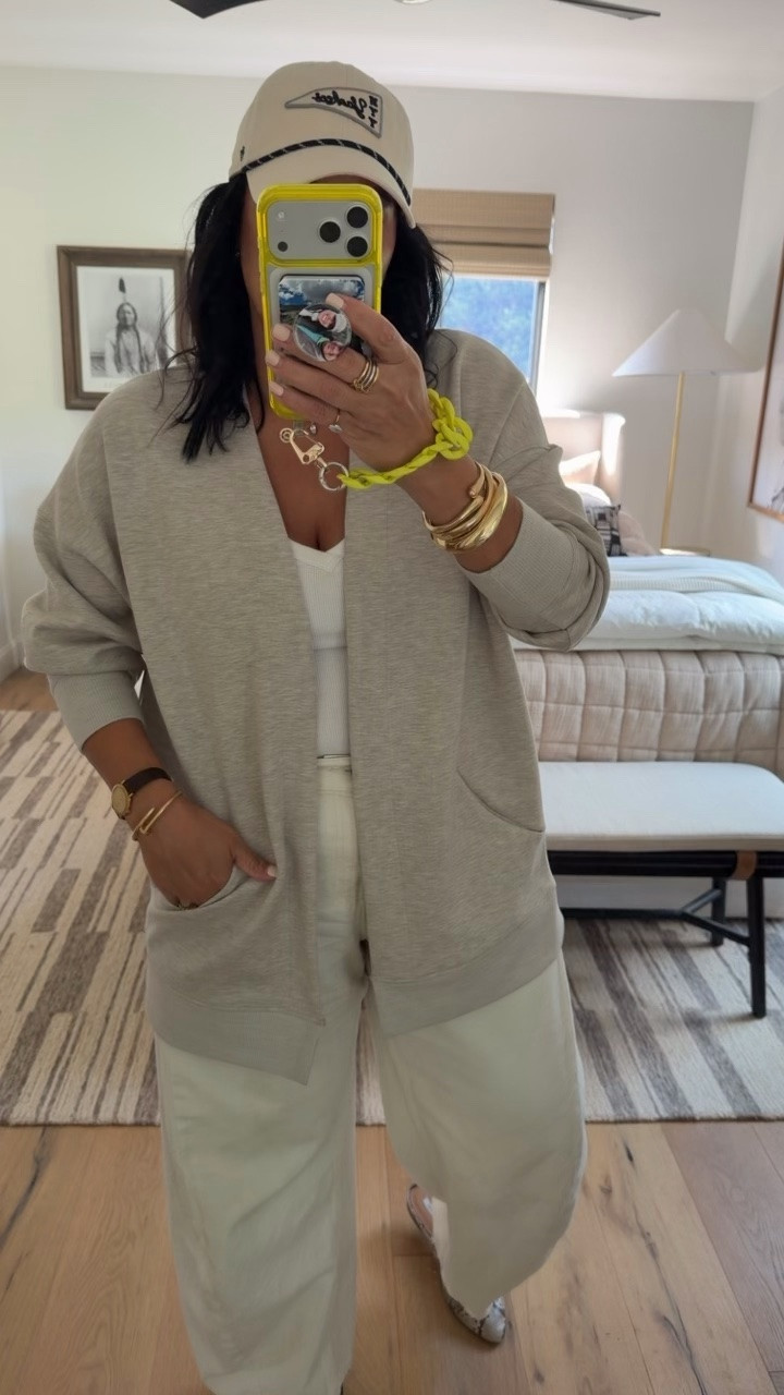 LOVE this cardigan. It’s a 10 out of 10! I did a size large for an oversized fit. Also available in black. Tank size medium, jeans size 29 (I’m a curvy size 8/10), shoes fit tts (I’m a 9.5/10 and did a 10 in them).

#LTKActive #LTKTravel #LTKOver40