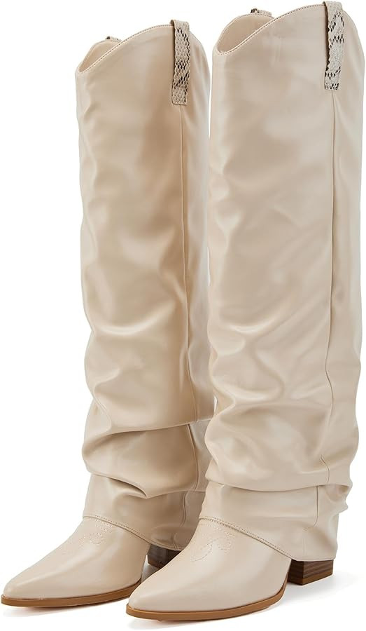 Putu Fold Over Boots for Women Knee High Cowboy Boots Chunky High Heel Tall Boots | Amazon (US)