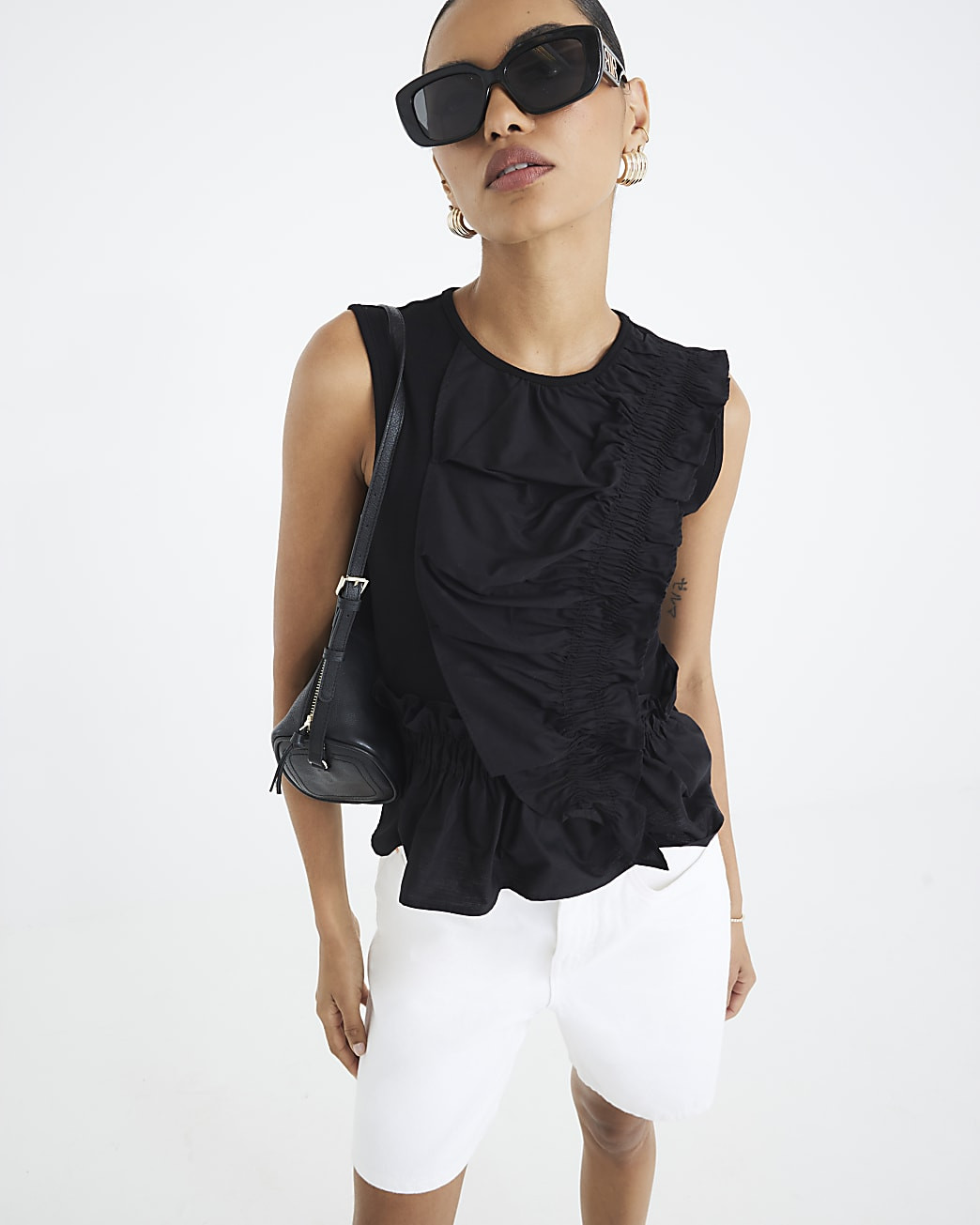 Black Sleeveless Poplin Mix Frill Top | River Island UK & IE