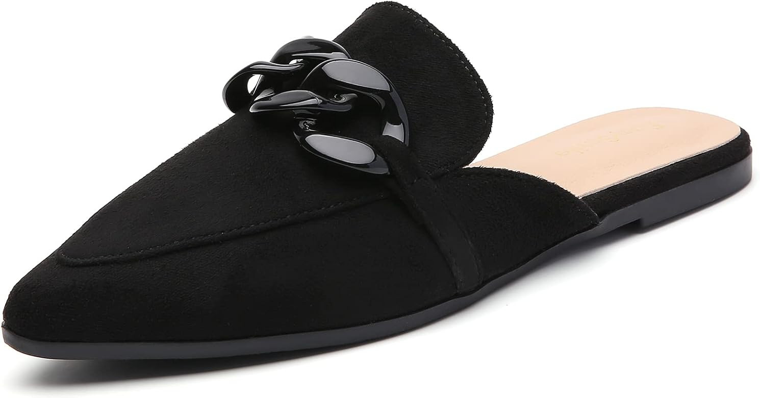EasySmile Metal Chain Decor Flat Mules for Women Closed Pointed Toe Slip on Loafers Slides Backle... | Amazon (US)