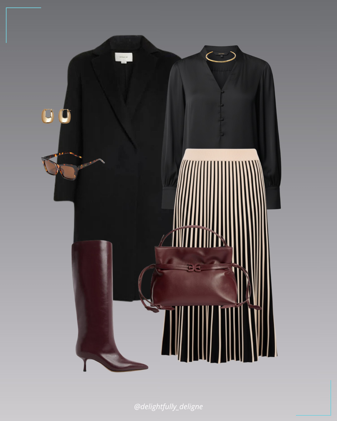 Thanksgiving chic 🖤 Classic straight wool-blend coat, v-neck popover, women’s striped pull-on flared midi skirt, poppy small crossbody tote, knee-high pointed-toe boots, cat-eye sunglasses, thin gold collar necklace & u-profile earrings.  
 

 #LTKOver40 #LTKStyleTip #LTKWorkwear