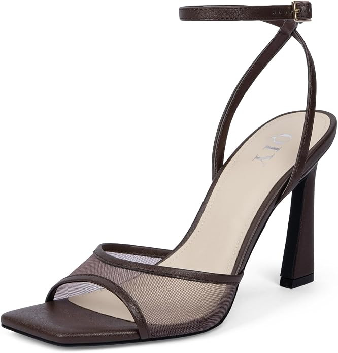 QIY Strappy Heels for Women Heeled Sandals Square Toe Heel Ankle Strap Stiletto Mesh High Heels D... | Amazon (US)
