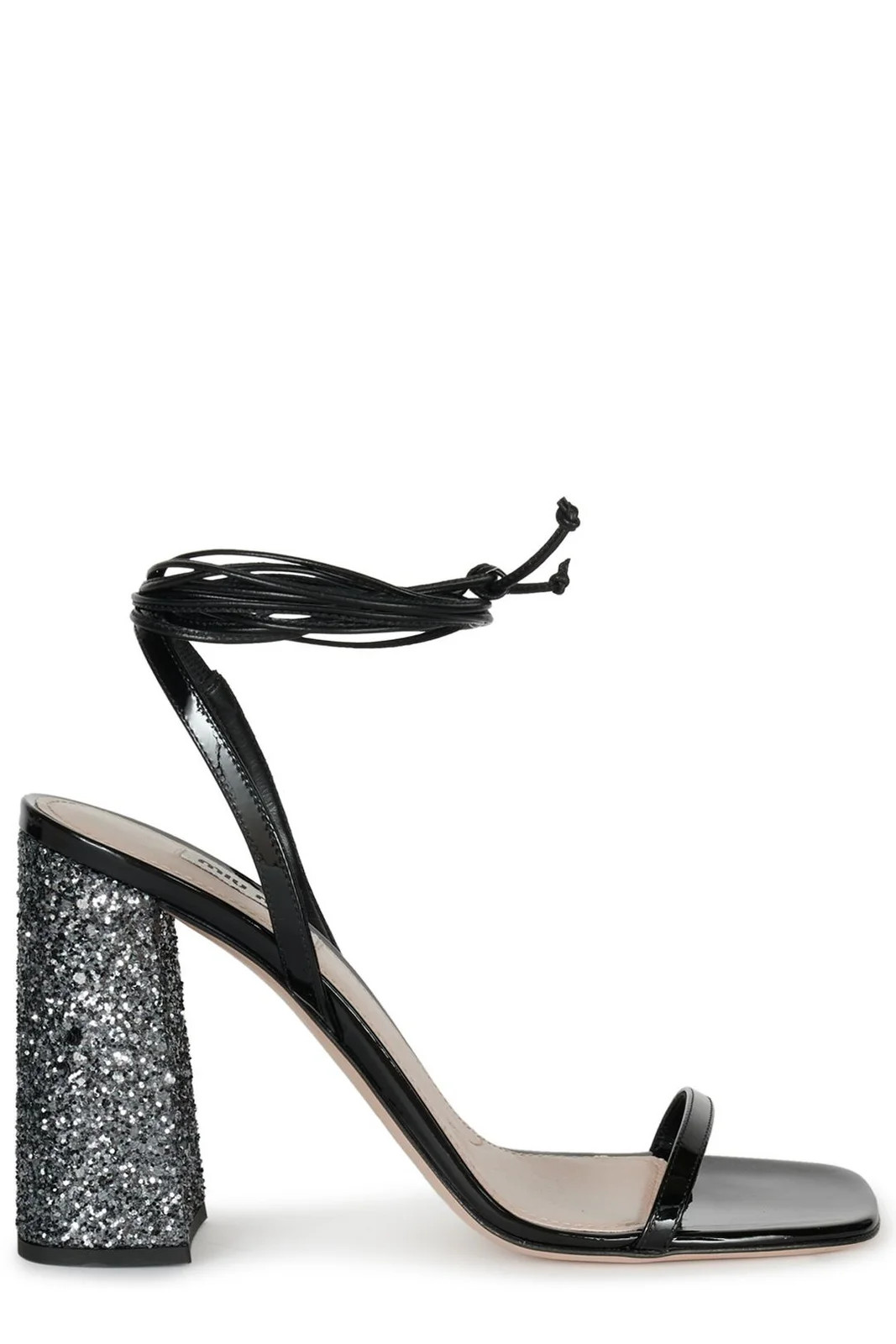 Miu Miu Ankle Tie-Fastened Block Heeled Glitter Sandals | Cettire Global