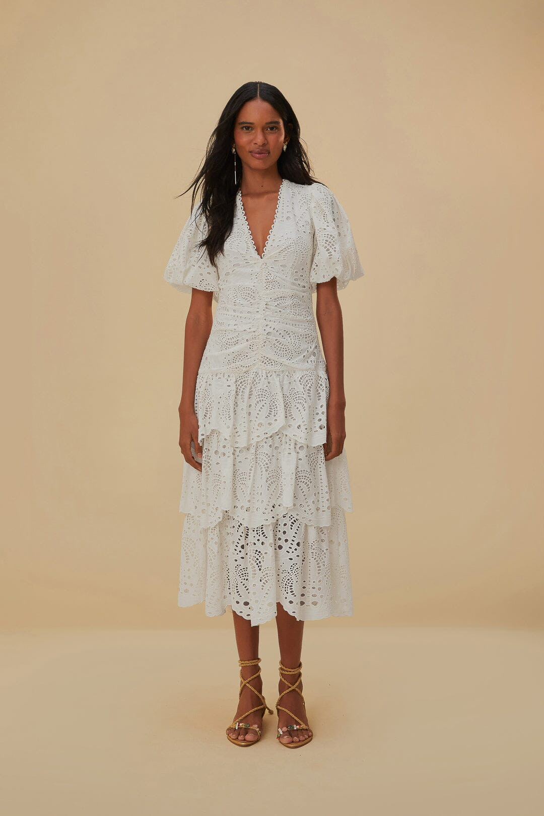 White Cotton Eyelet Puff Sleeve Midi Dress | FarmRio (US)