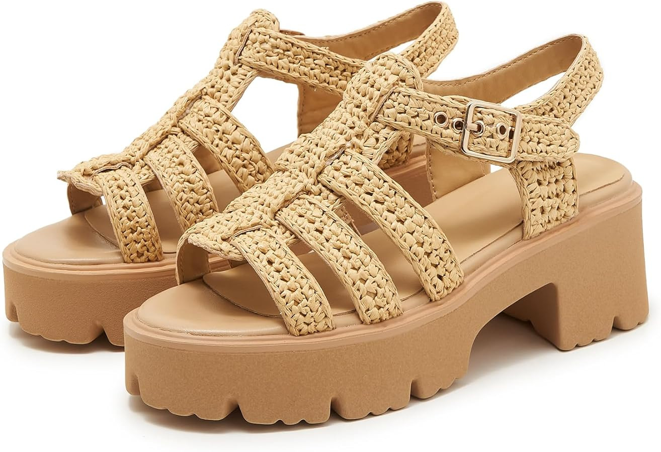 Women\u2019s Raffia Fisherman Sandals, Open Toe Woven Platform Sandals with Adjustable Buckle Str... | Amazon (US)