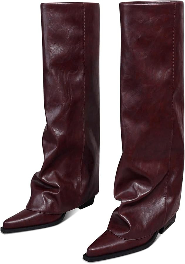 Women's Fold Over Knee High Boots Wide Calf Chunky Heel Long Boots Women Pointed Toe Dress Tall B... | Amazon (US)