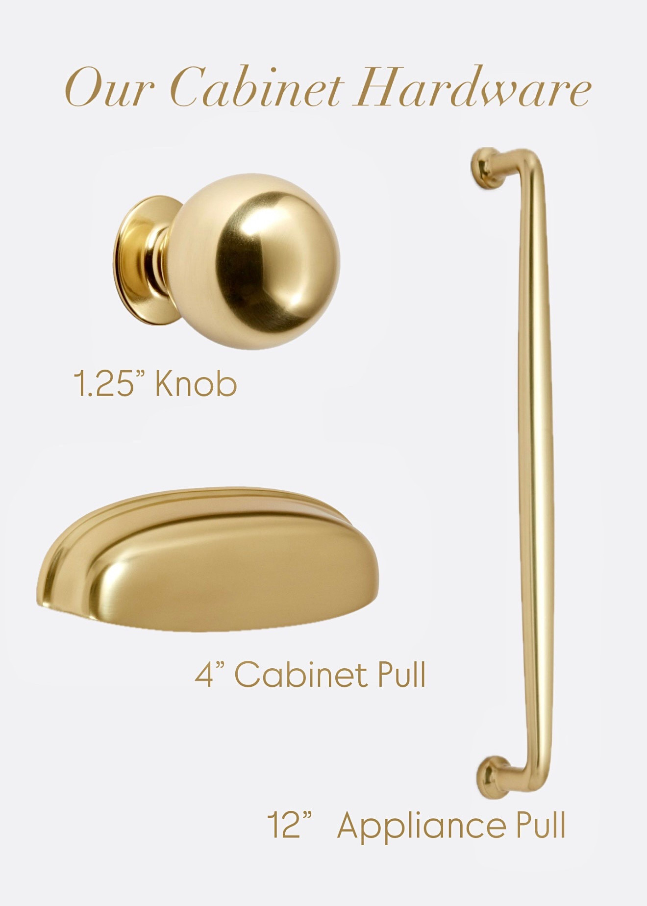 Our cabinet hardware is from Rejuvenation. We have the Aged Brass finish and love the tone. 
The knob is the Cabinet Ball Knob in the 1 1/4” size. 
The Claybourne Cabinet pull is 4” and the appliance pull is 12” on the fridge and freezer doors.   

#LTKFindsUnder50 #LTKSaleAlert #LTKHome