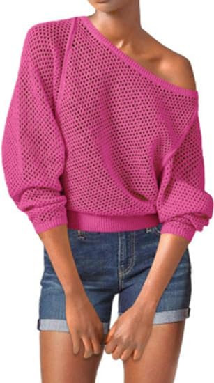 Saodimallsu Women's Summer Crochet Top Boat Neck Resort Wear Long Sleeve Oversized Hollow Out Swe... | Amazon (US)