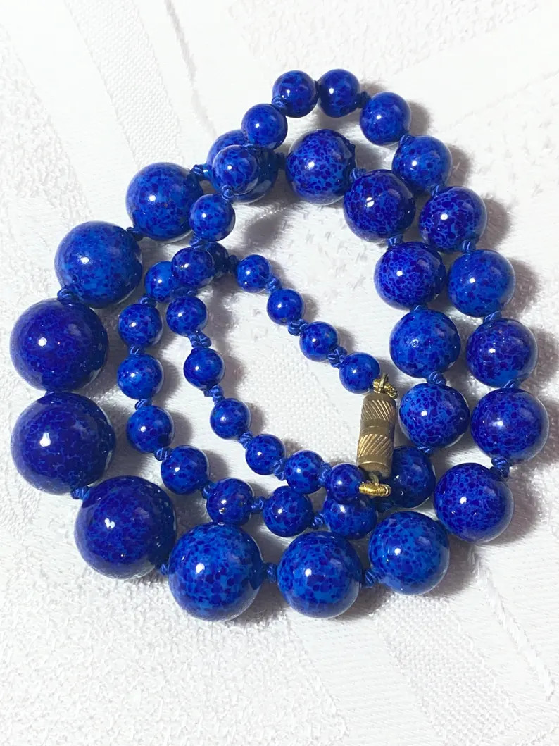 Art Deco Faux Lapis Lazuli Glass Bead Necklace, Dark Blue With Gold Flecks - Etsy UK | Etsy (Global)