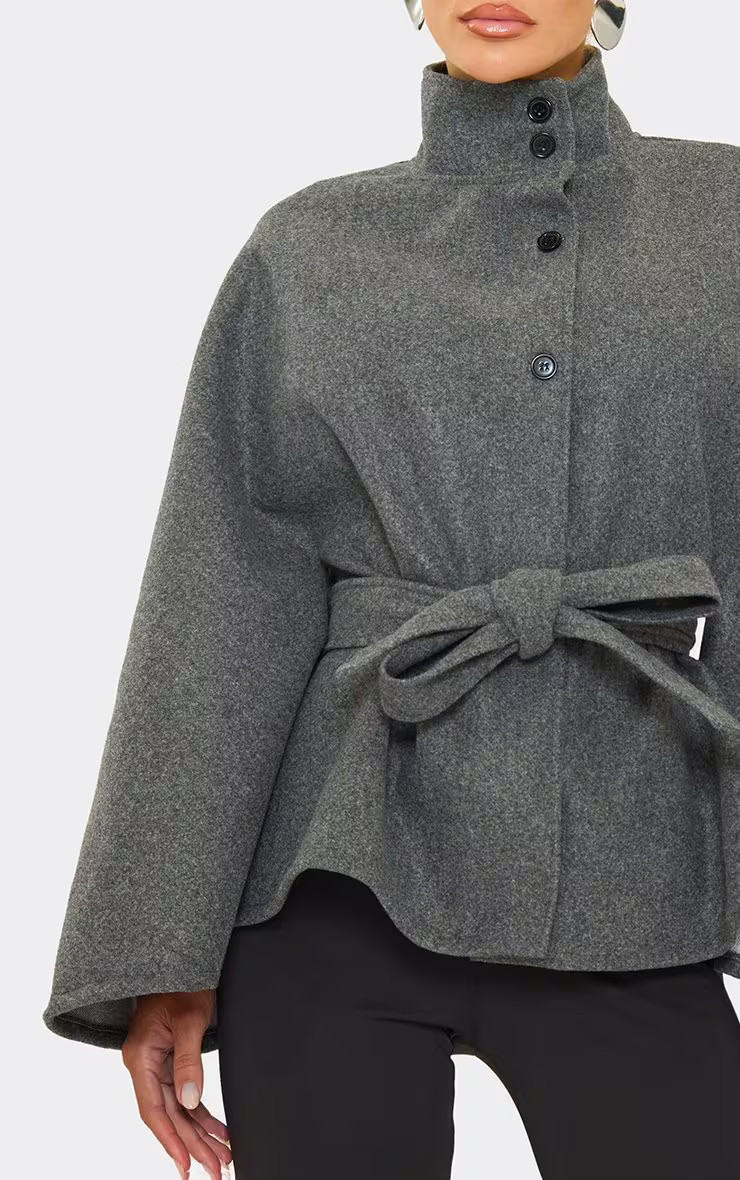 High Neck Button Detail Tie Waist Cape Jacket In Grey Wool Look | EGO Shoes (US & Canada)