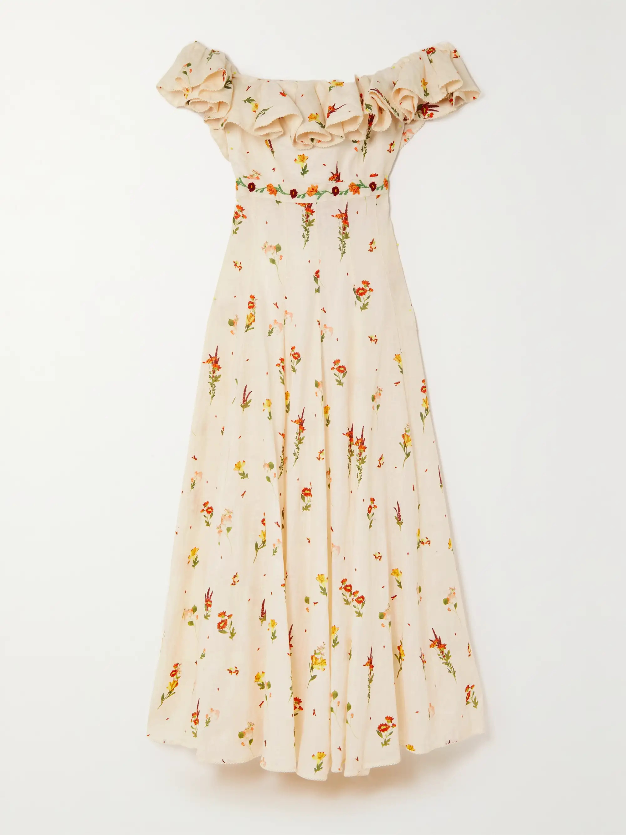 Oro Clementina off-the-shoulder embroidered floral-print linen maxi dress | NET-A-PORTER (US)