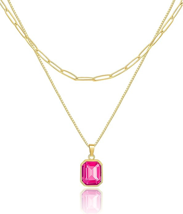 Lourny Gold Layered Crystal Necklace for Women, 18K Gold Plated Choker Emerald Green Dainty Chain... | Amazon (US)