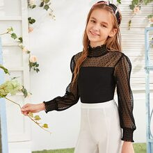 Girls Shirred Trim Swiss Dot Sheer Mesh Detail Top | SHEIN