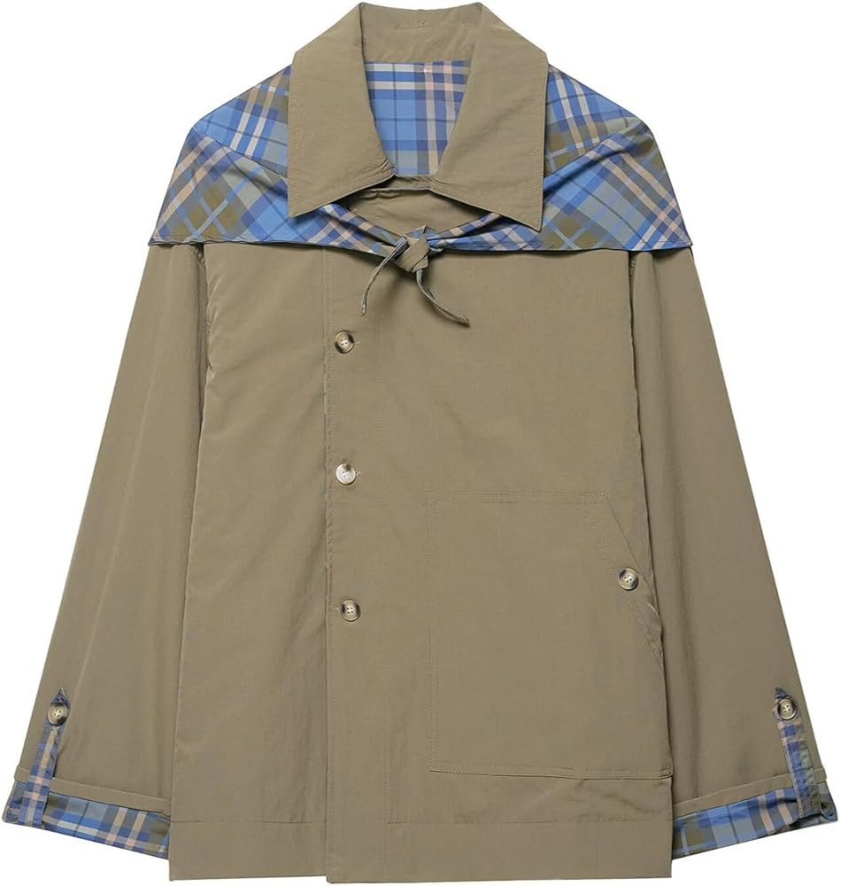 Womens Reversible Cropped Trench Coat 2025 Fall Fashion Notch Collar Plaid Oversized Short Jacket... | Amazon (US)