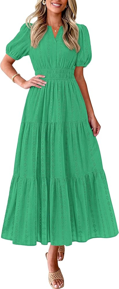 PRETTYGARDEN Womens Summer Maxi Dresses 2026 Casual Puff Sleeve V Neck Smocked Flowy Eyelet Cotto... | Amazon (US)