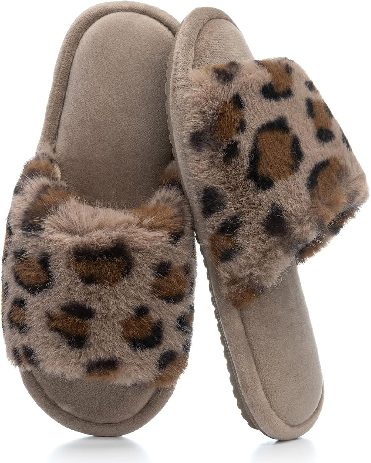 Women's Fuzzy Open-Toe House Slippers with Memory Foam -Leopard Print | Amazon (US)