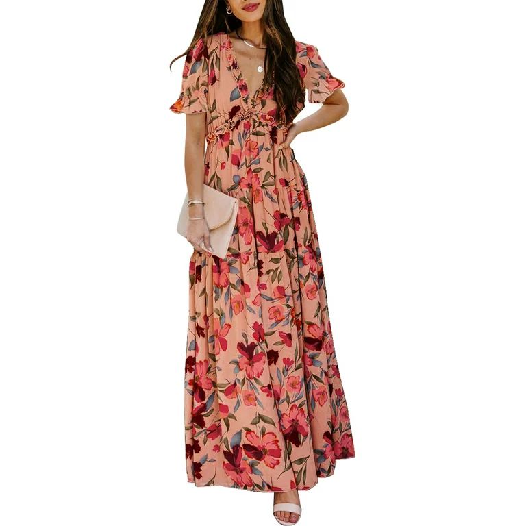 Dokotoo Ladies Short Sleeves Wedding Dress Casual Loose Flowy Ruffle Maxi Dress Summer Chiffon Ev... | Walmart (US)