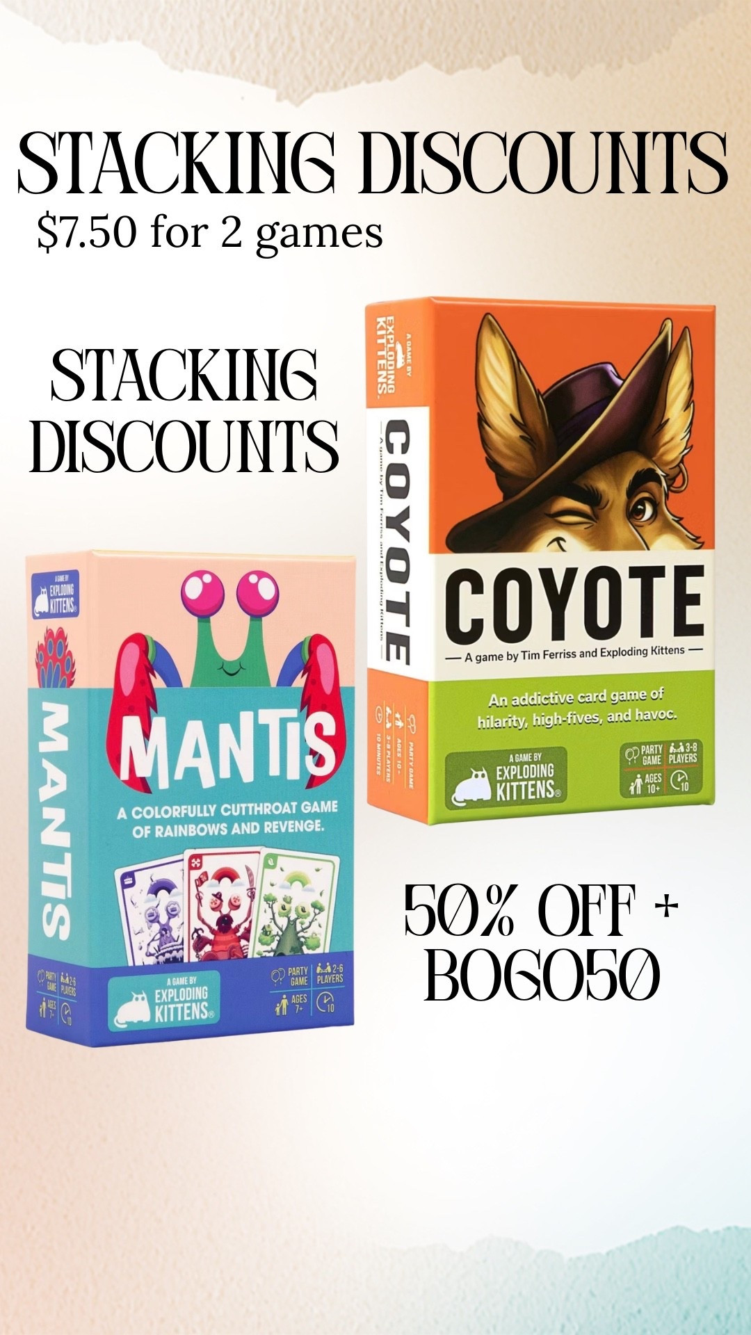 Stacking discounts. 50% off plus BOG050.

Two card games for $7.50

#LTKSaleAlert