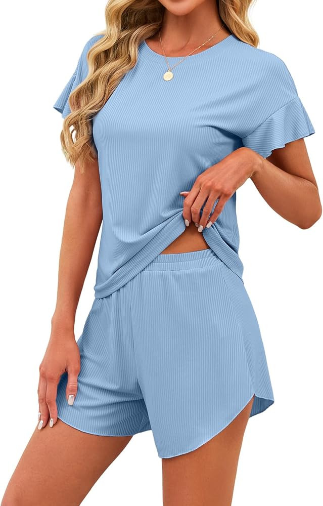 JUSTFASHIONNOW Women's Pajama Set Ruffle Sleeves Top and Short Soft 2 Piece Loungewear Set | Amazon (US)