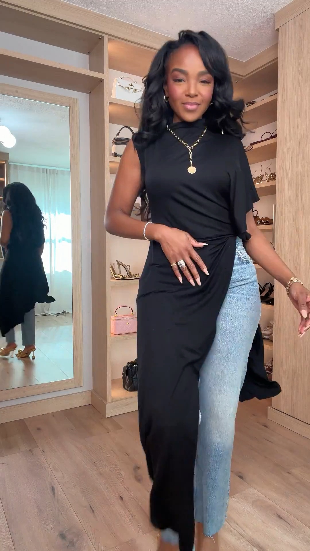 Scroll to shop!! This layered outfit featuring a dramatic black draped tunic styled over light-wash straight-leg denim is perfect for date night, dinner with friends, events, or elevated everyday outfits.

#LTKPetite #LTKgrwm #LTKootd