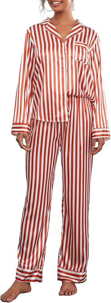 Women Christmas Satin Pajamas Set Striped Long Sleeve Shirt Tops and Pants Lounge Sleepwear | Amazon (US)