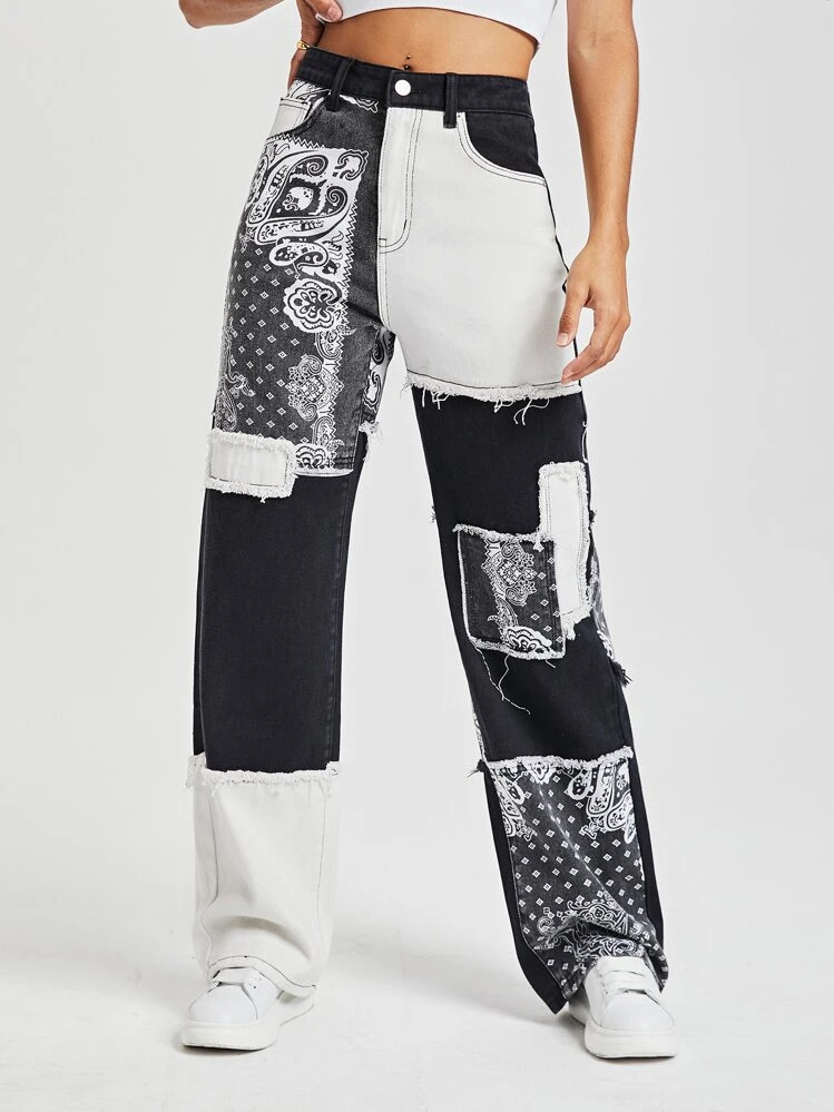 SHEIN EZwear Paisley Print Patchwork Print Boyfriend Jeans | SHEIN