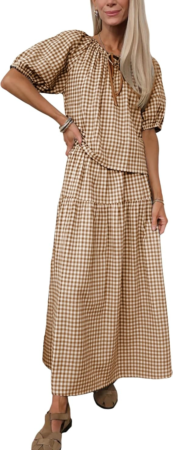 Qiaomai Womens 2 Piece Gingham Sets Puff Sleeve Plaid Top Tiered Maxi Skirt Matching Outfit Casua... | Amazon (US)