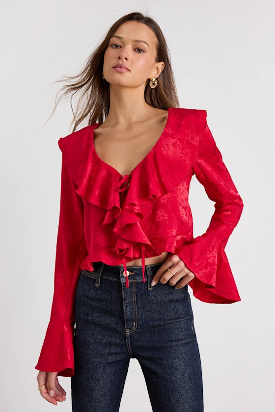Esmina Red Jacquard Ruffled Tie-Front Top | Lulus