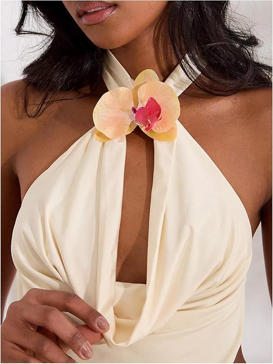 MakeMeChic Women's Draped Neck Halter Top 3D Floral Backless Sleeveless Summer Beach Vacation Cro... | Amazon (US)