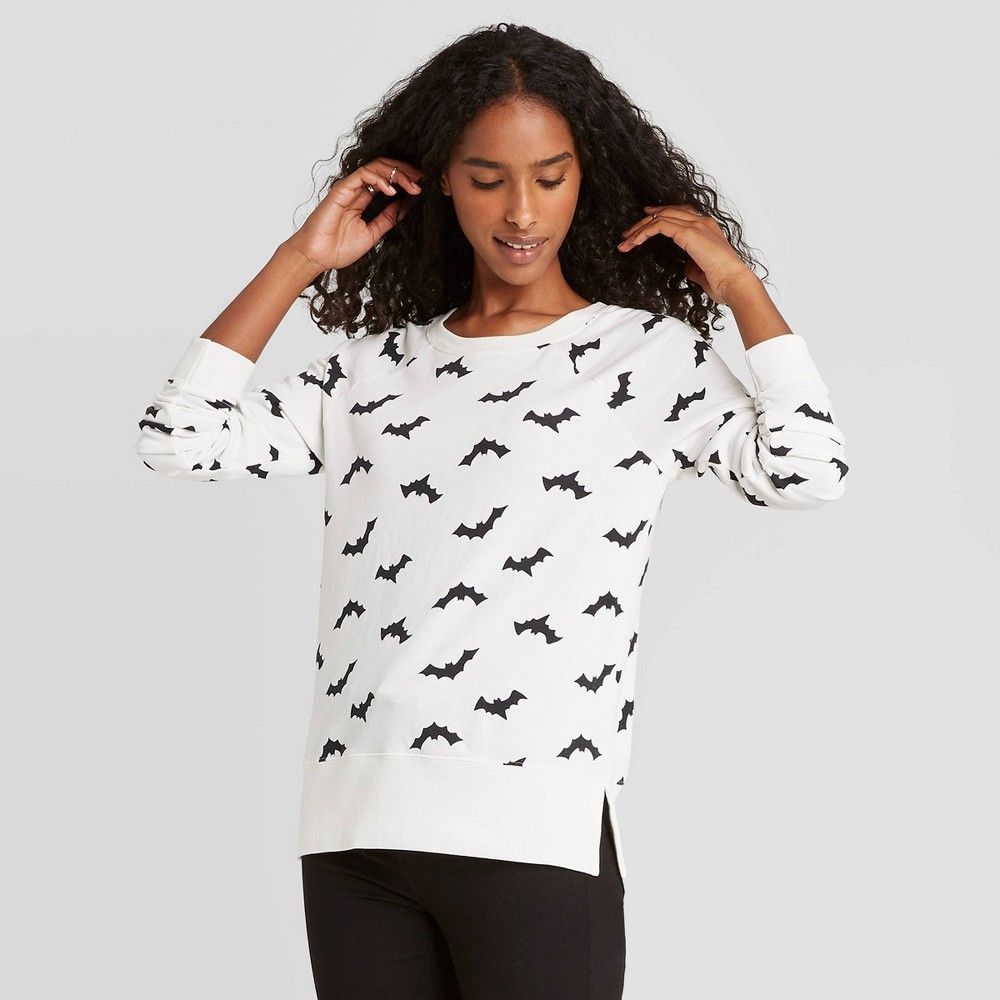 Women's Halloween Bat Graphic Pullover Sweatshirt - White L | Target