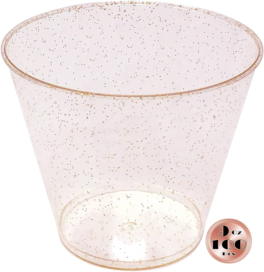 JL Prime 100 Rose Gold Glitter Plastic Cups, 9 Oz Re-Usable Recyclable Rose Gold Glitter Plastic ... | Amazon (US)